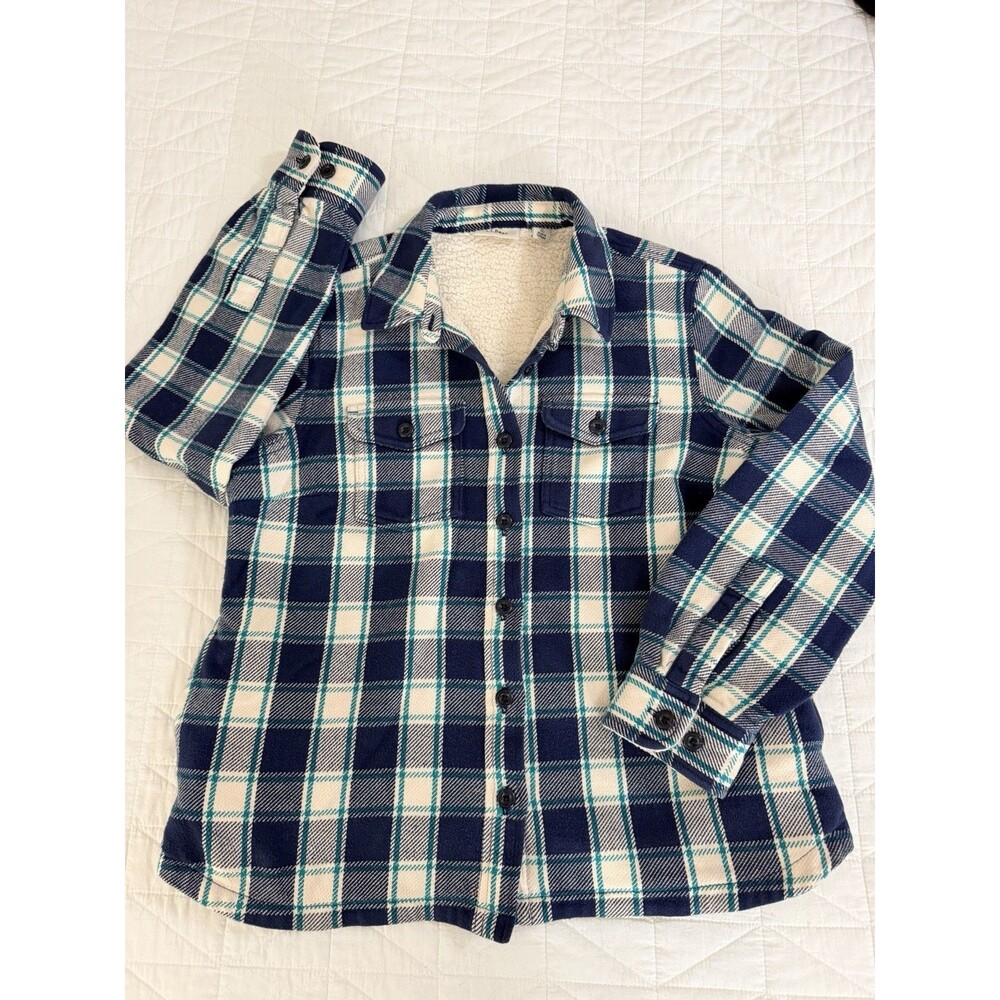 LL BEAN Shirt Womens S Blue Fleece Lined Flannel Plaid Snap Front Shacket Cotton